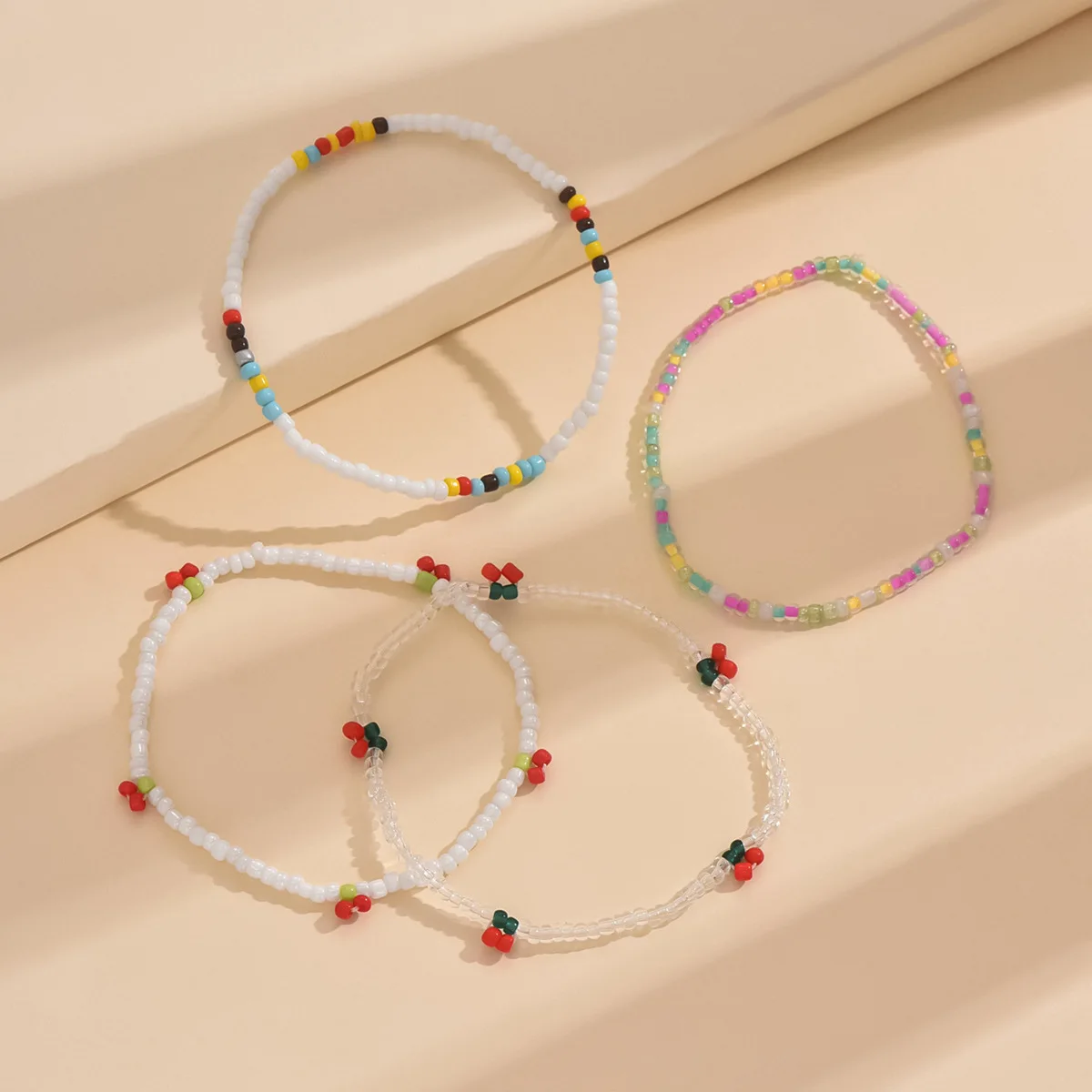 4 Stks/set Boho Kleurrijke Glazen Rijst Kralen Elastische Enkelbanden Vrouwen Zomer Strand Cherry Handgemaakte Enkelband Armband Op Been Voet Sieraden