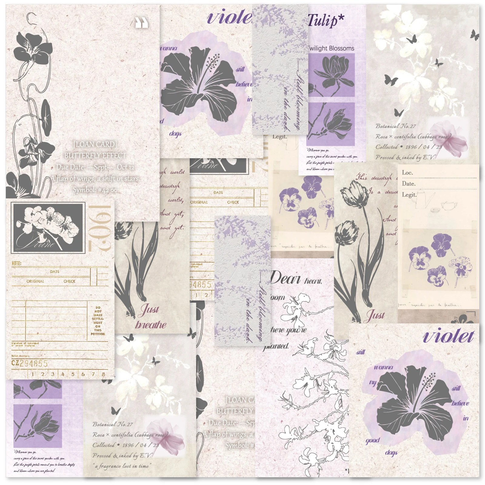 Etori Life 18Pcs Taro Purple Artistic Note Material Floral Line Art English Print Design DIY Diary Border Decoration, Bookmark Making, Handmade Card Decoration, Photo Album, Laptop, Phone Back Cover, Handbag, Postcard and Envelope, Scrapbook Supplies, Office Decoration Supplies, Room Decoration, Artistic Aesthetics, Cycling Decals, Back-To-School Season, Gift for Friends