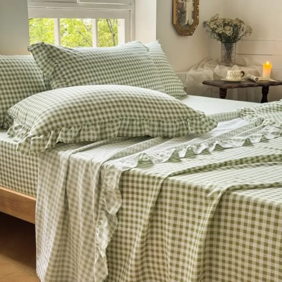 Ruffle Sheet Set Soft Pre-Washed Microfiber Plaid Bed Sheets 4-Pieces Farmhouse Sheet Set with Deep Pocket
