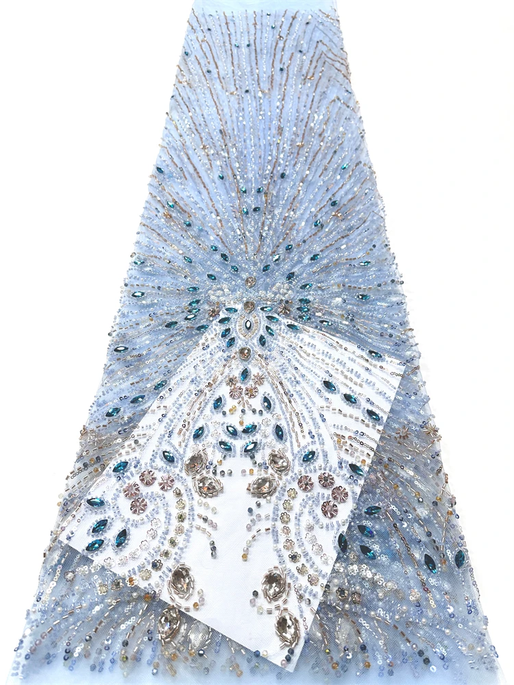 

2026 Luxurious Nigerian African Beaded Lace Fabric High Quality Sequins Embroidery African French Lace Fabric For Sewing 5 Yards