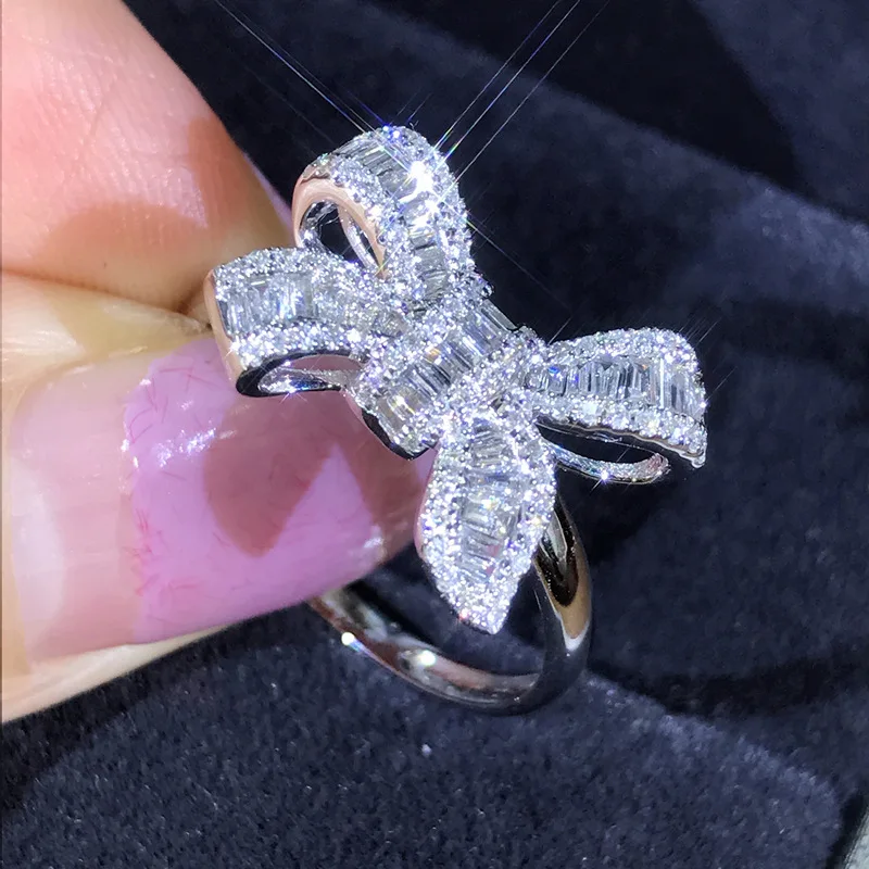 New 925 Sterling Silver Ring Bow Simulation Diamond For Woman Engagement Wedding Luxury Jewelry Gift