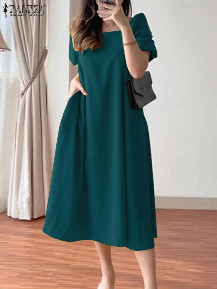 ZANZEA damska krótki bufiasty rękaw impreza Vestidos z kwadratowym dekoltem Midi sukienka elegancka koreańska moda rekreacyjna w jednolitym fartuchowym stylu