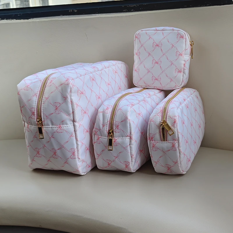 Pink Bule Bow Print borsa da viaggio borsa da toilette trucco custodia in Nylon biberon biancheria intima cosmetici forniture di bellezza borsa