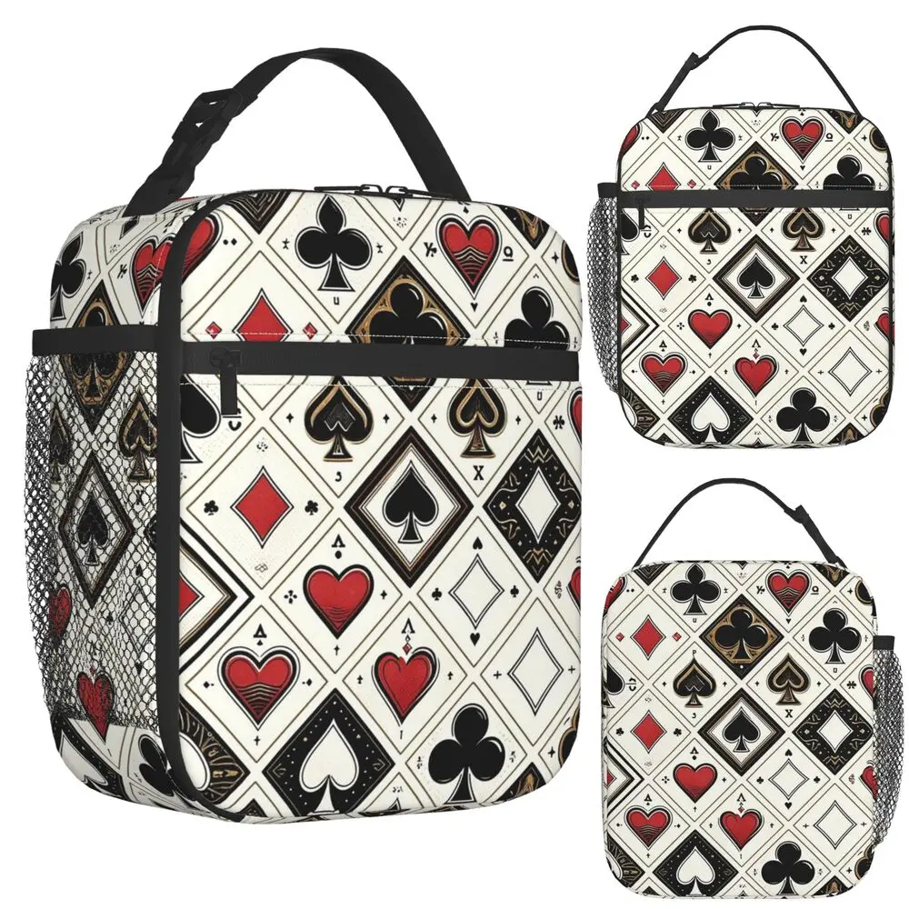 Casino Playing Card Symbols Diamond Heart Spade Clubs Insulated Lunch Bag for Women Children Food Boxes Thermal Lunch Box Tote