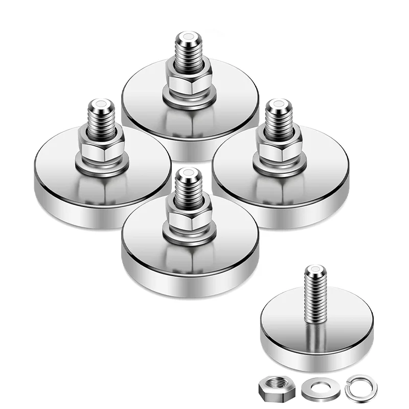 4/10/16 neodymium circular magnets with M6 external threaded nuts and bolts, 150 pound corrosion-resistant mounting magnets