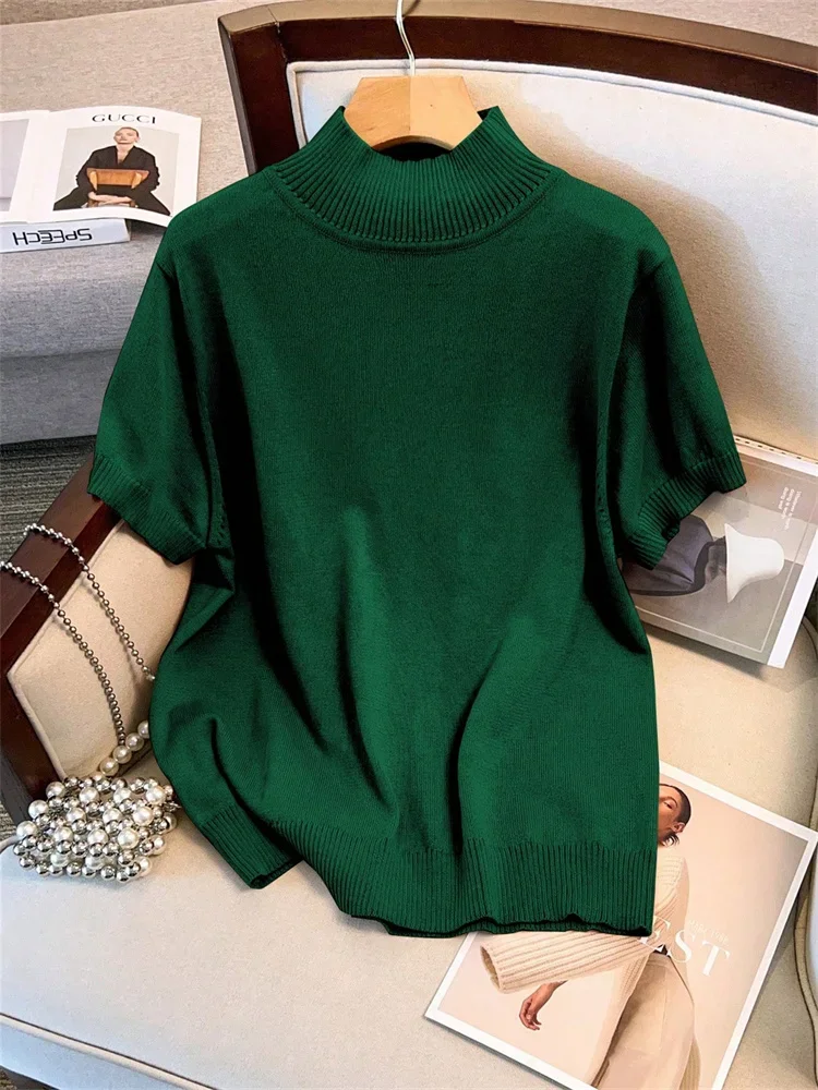 

GELITAYIN Spring Summer Short Sleeve Knitted T Shirt Women 2025 Fashion Turtleneck Thin Sweater Casual Streetwear Solid Jumper B