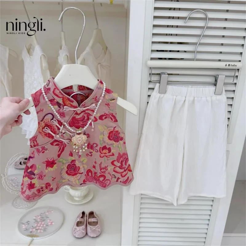 

Lucky Koi Fish！Baby Girl New Chinese Style National Style Cheongsam Vest Wide-leg Pants Trendy Set Fashionable Style