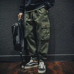 Spring Autumn New Solid Color Fashion Elastic Waist Cargo Pants Man High Street Casual Loose Cotton Pocket All-match Trousers