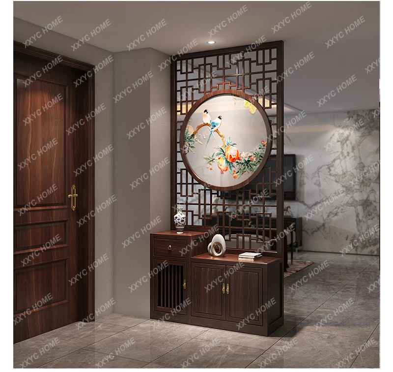 L screen partition cabinet, living room double-sided embroidered solid wood hollow flower grid to block the entrance entrance