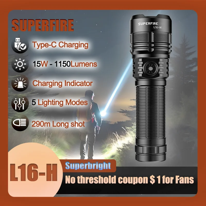 

SUPERFIRE L16-H 15W Powerful LED Flashlight USB-C Rechargeable Waterproof Torch Light for Camping Emergency Lighting Lantern