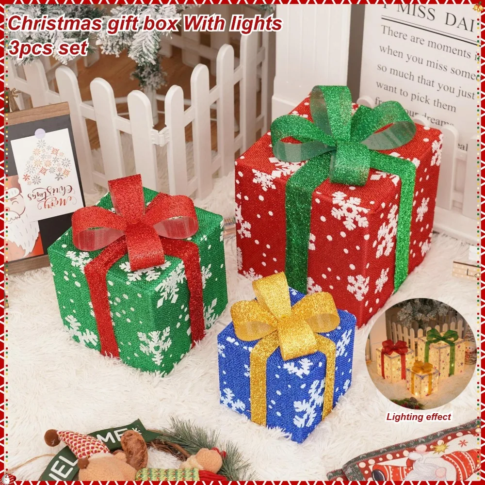 

3pcs Christmas Gift Box with LED Light String Warm Light Decoration Waterproof Set Christmas Party Props DIY Gift Box Decoration