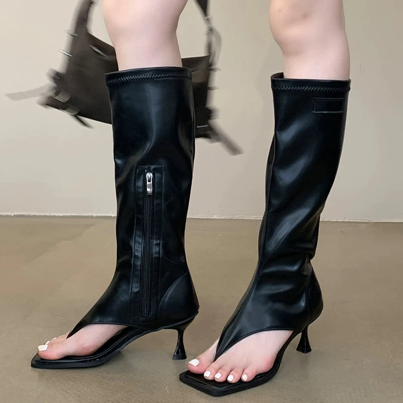 Women Trend Square Open Toe Knee High Long Boots Stiletto Heel Casual Summer Party Nightclub Thong Sandal Boots Shoes for Ladies