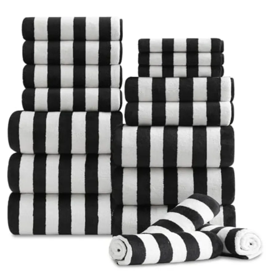 Bath towel set for family bathroom use: black and white stripe cotton towels6 bath, 6 hand, 6 washcloths; soft, highly absorben