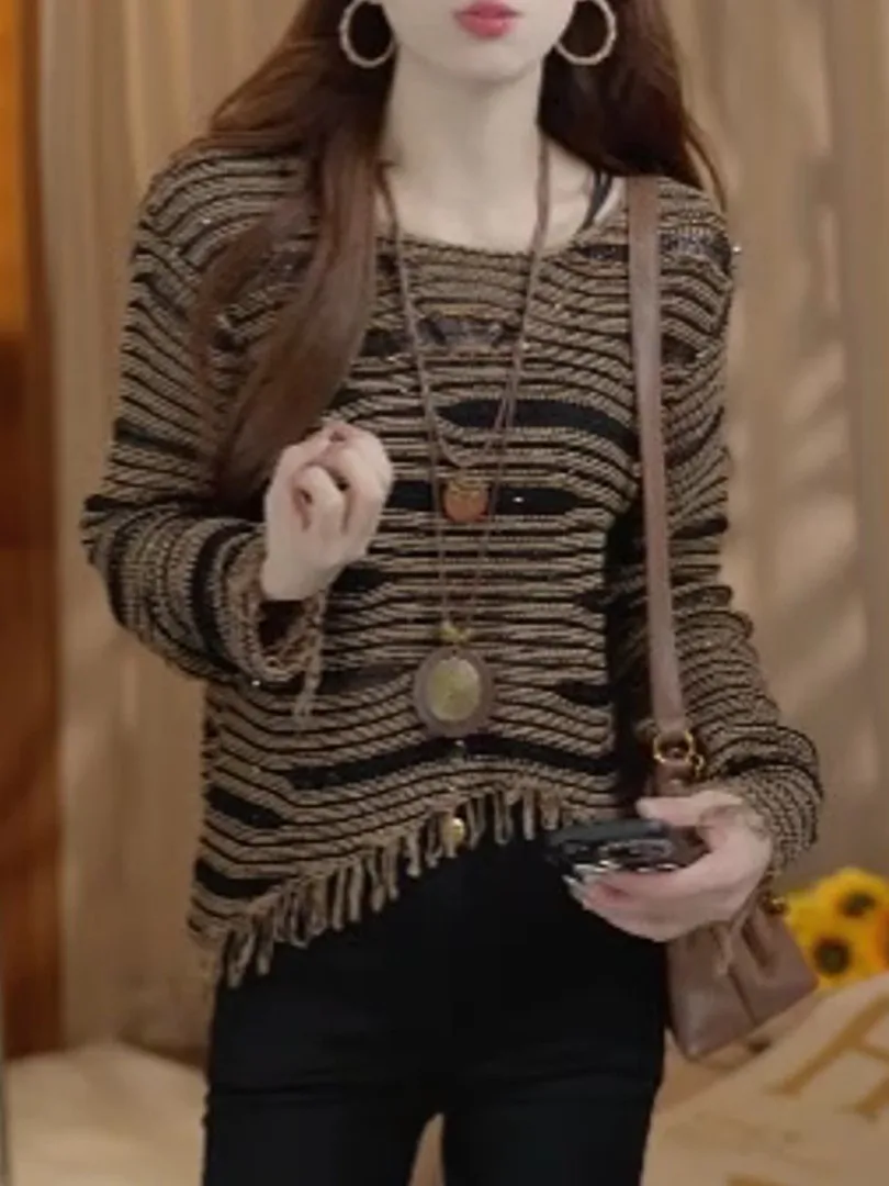 

Retro Tassel Long Sve Knitwear Women Loose plus Size Slimming Top Faionable Korean Sle Commute Wind Spring Outerwear