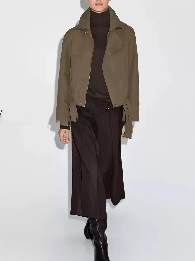 

European and American style 2025 winter new women's casual temperament simple belted short high-neck trench coat