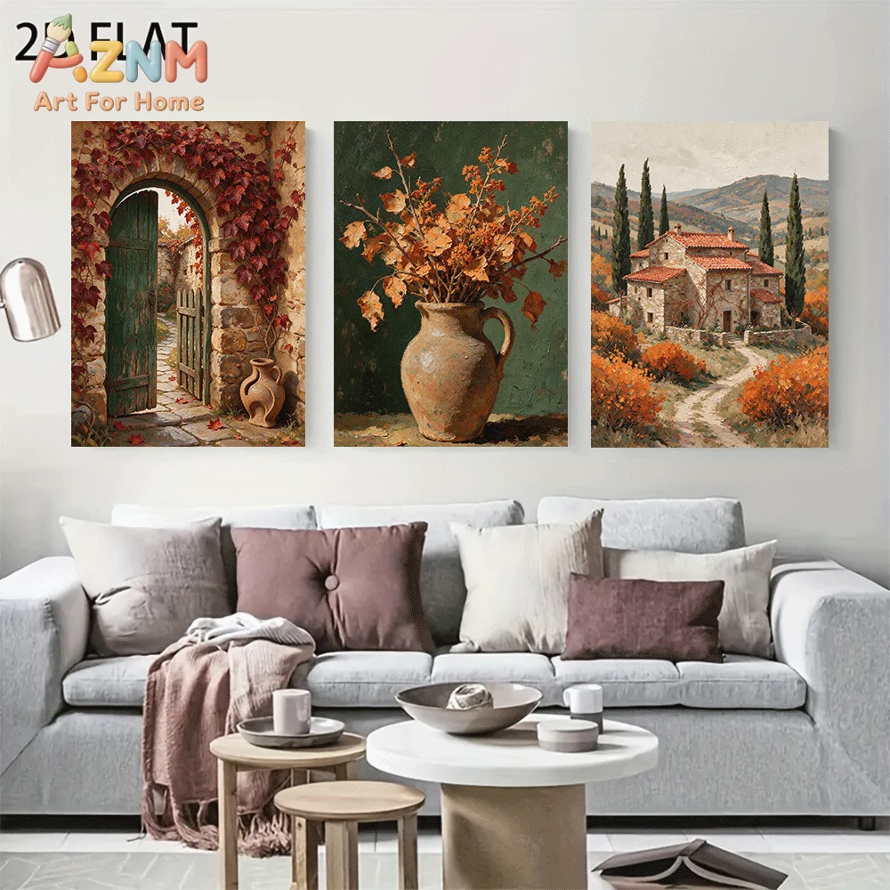 AZNM Frameless Canvas Wall Art, Vintage Autumn Tuscan Countryside Oil Painting Print, Rustic Fall Landscape Wall Decor for Livin