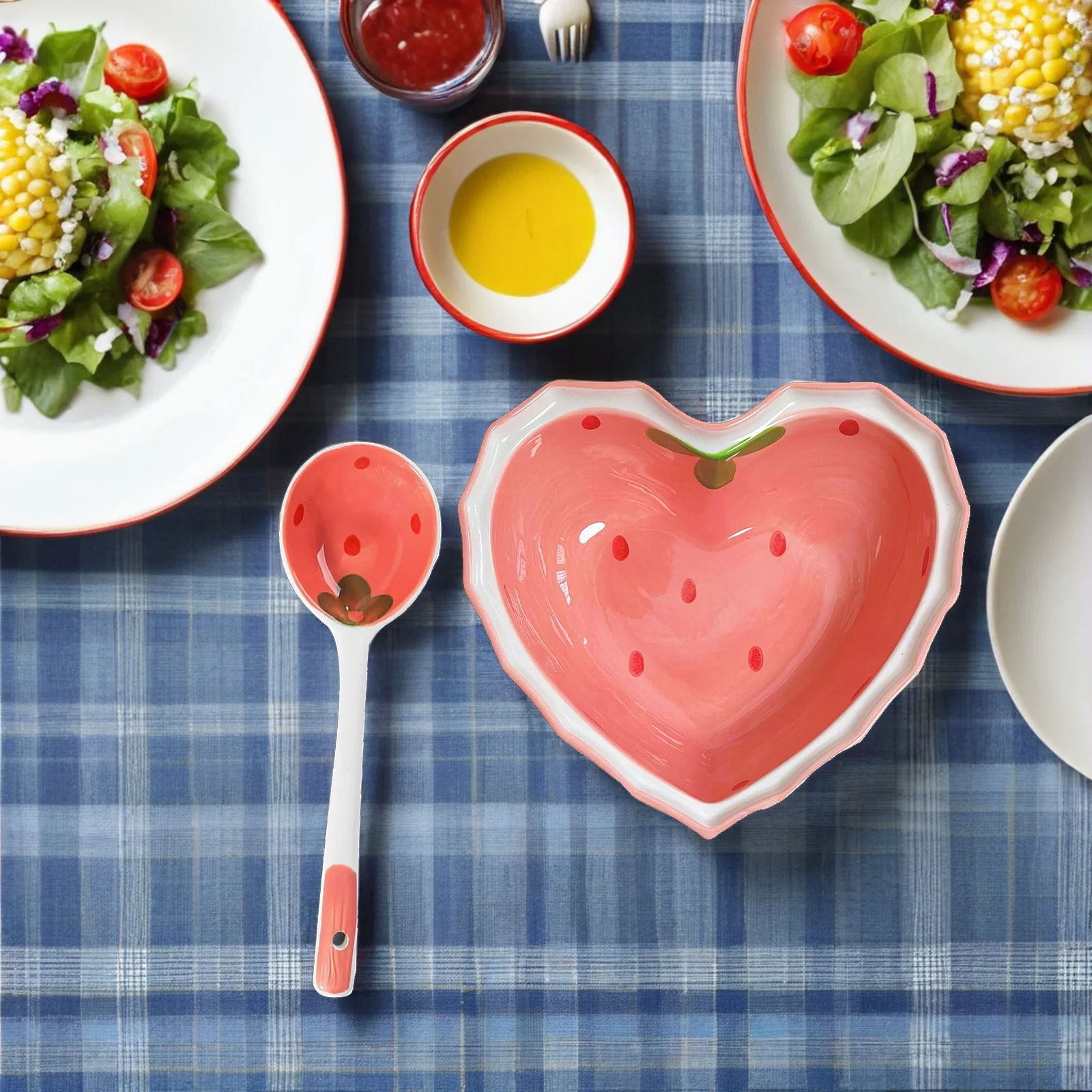 

1Set Strawberry Bowl Spoon Set Cute Heart Shaped Ceramic Salad Bowl Multi Function Food Spoon for Home Kitchen Office Use