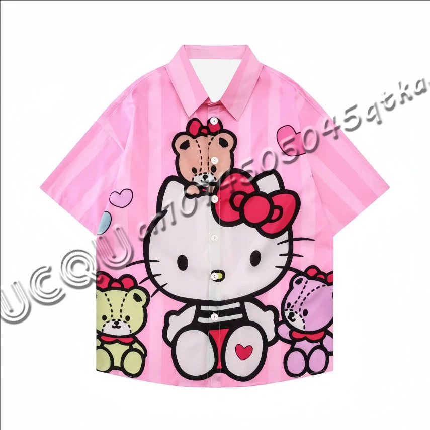 

Summer Sanrio Hello Kitty Hawaii Shirts Short Sleeve Men's Casual Lapel Collar Women's Button Shirts