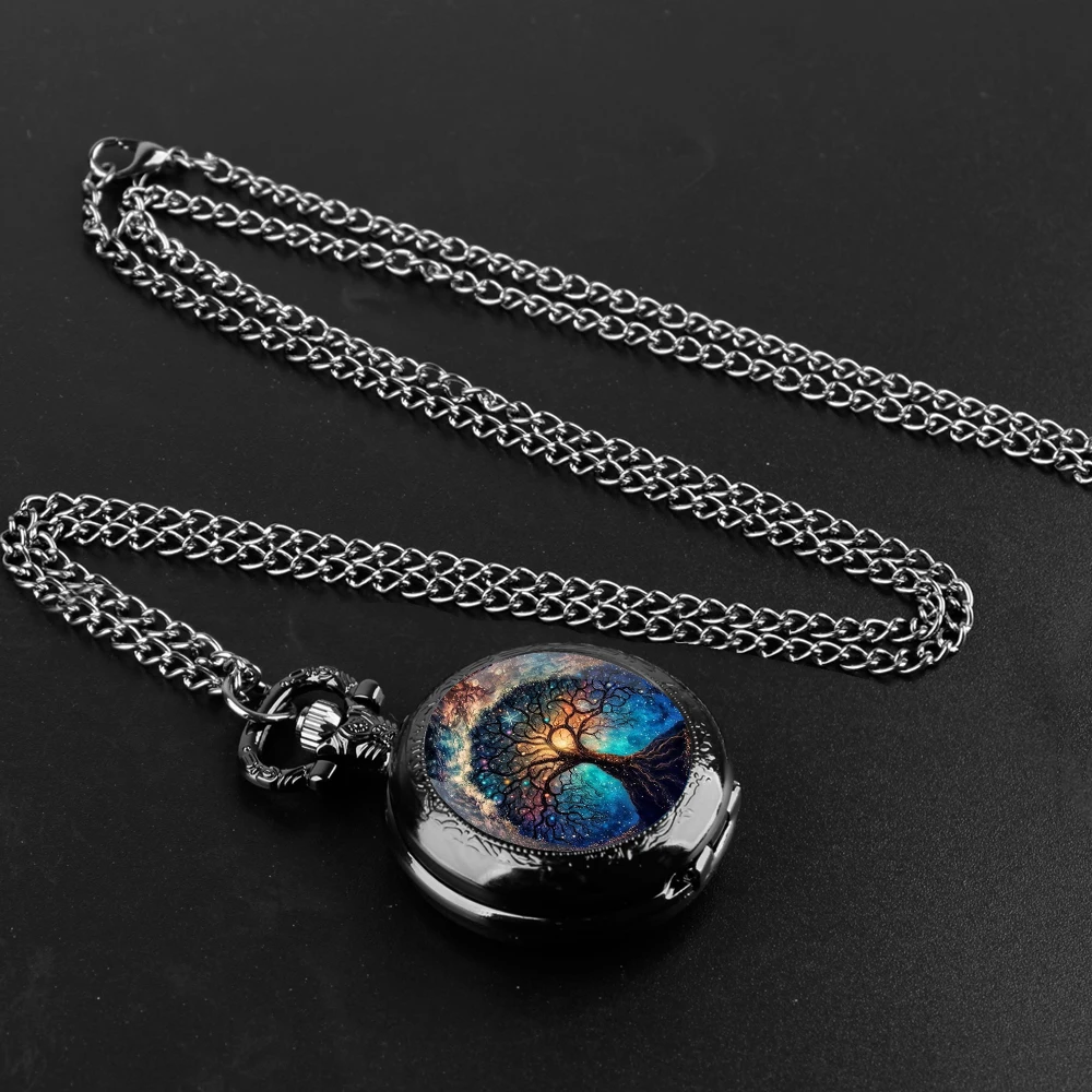 Tree of Life Design Glass Dome Pocket Watch with Chain Necklace Vintage Quartz Pendant Watches Mens Women Gifts for Kids