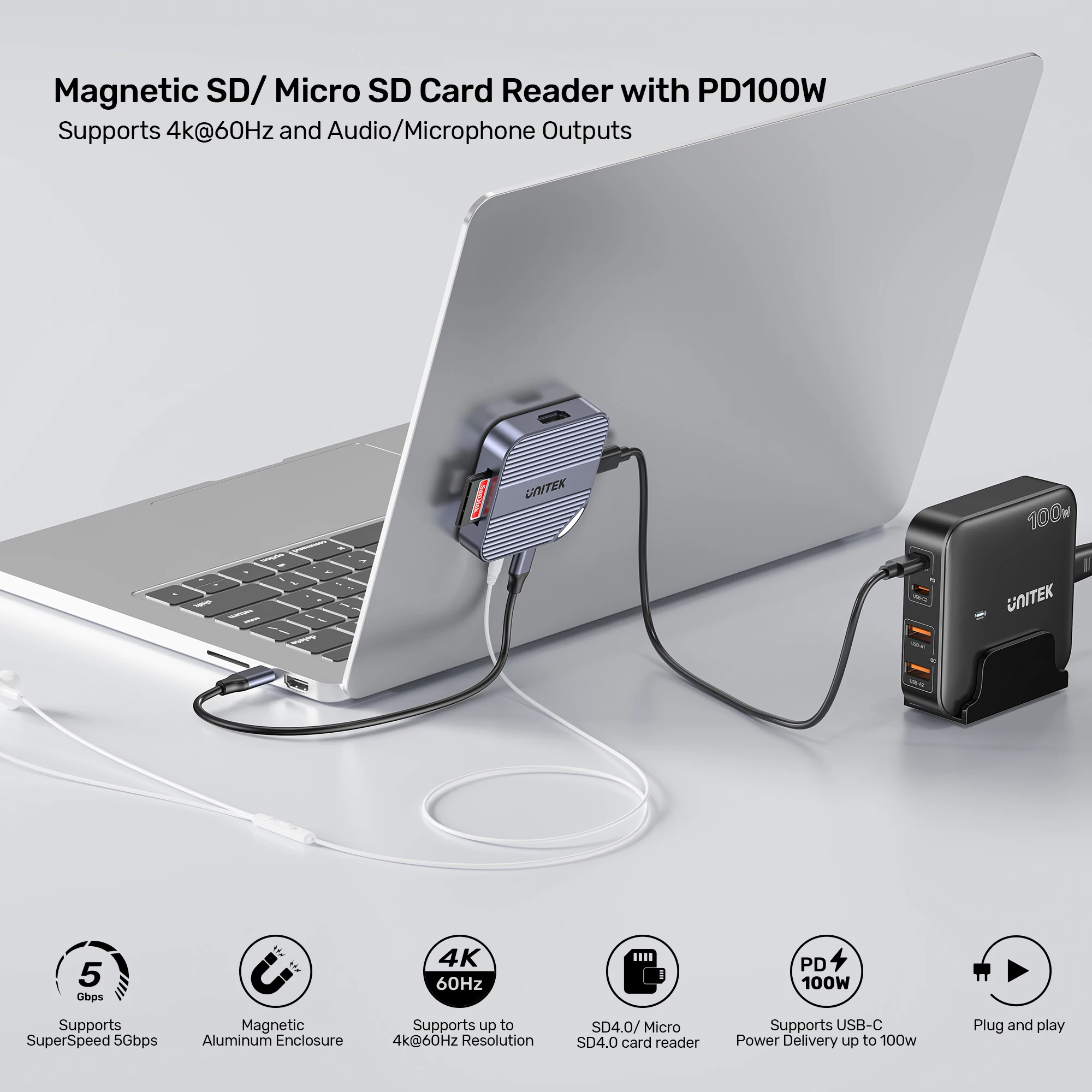 6-in-1 Magnetic SD/Micro SD Card Reader UHS-II 2TB PD100W 4K@60Hz HDMI 3.5mm Audio Mic USB-C HUB for iPhone 15/16/17 Android