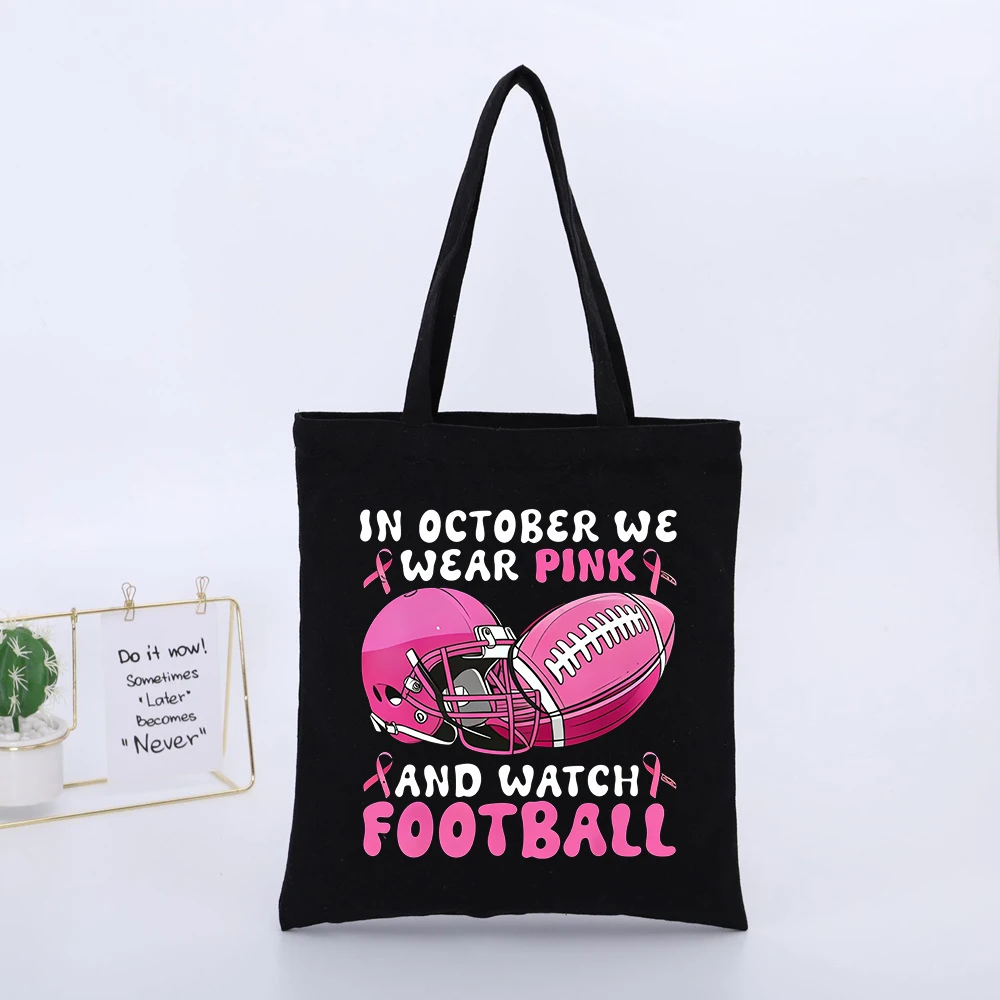 Football Fans' Pink Ribbon and Sports Equipment Print Canvas Tote Bag, Casual Style for October Events and Daily Use