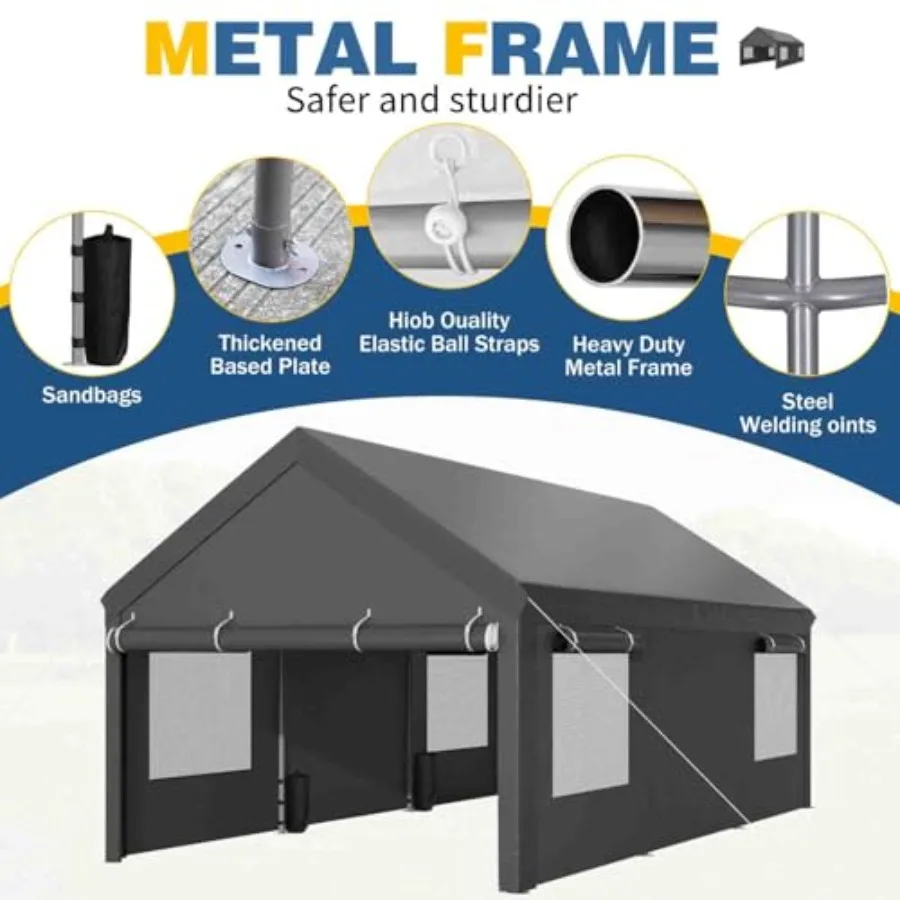10x20 ft Carport, Heavy Duty Carport with Roll-up Windows, Portable Garage with Removable Sidewalls and Doors, Car Canopy with