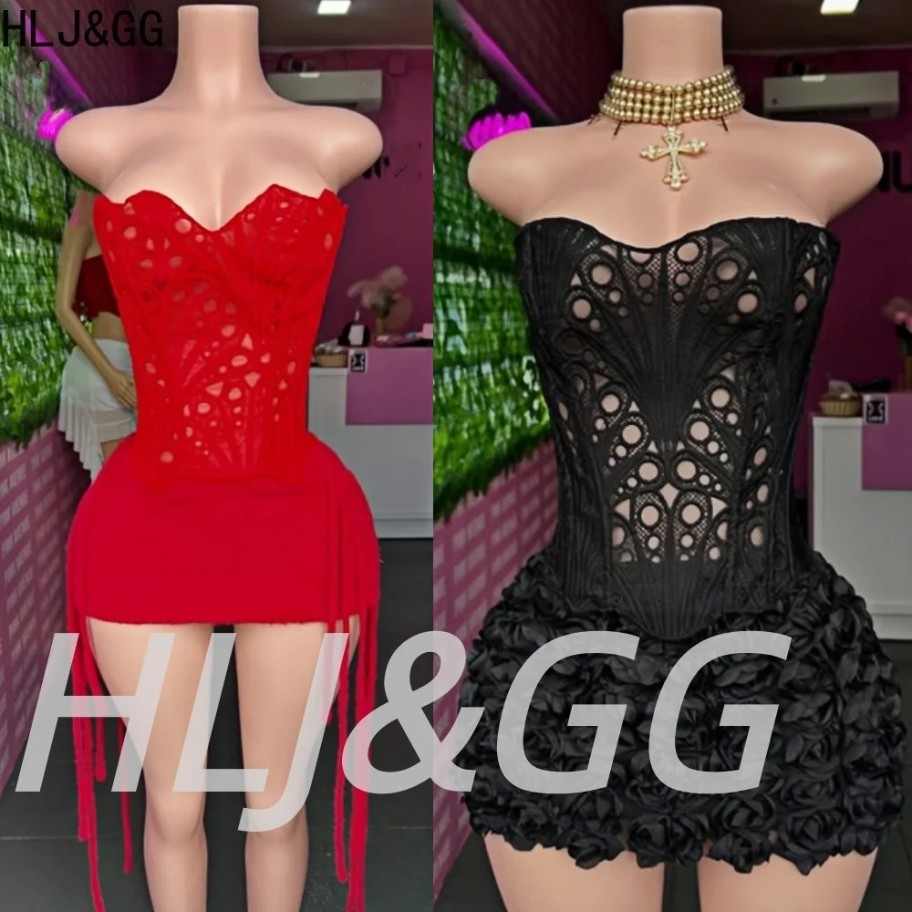 HLJ&GG Sexy Sweet Hollow Embroidery Corset Two Piece Sets Women Off Shoulder Top And Flower Ruched Mini Skirts Outfit Streetwear