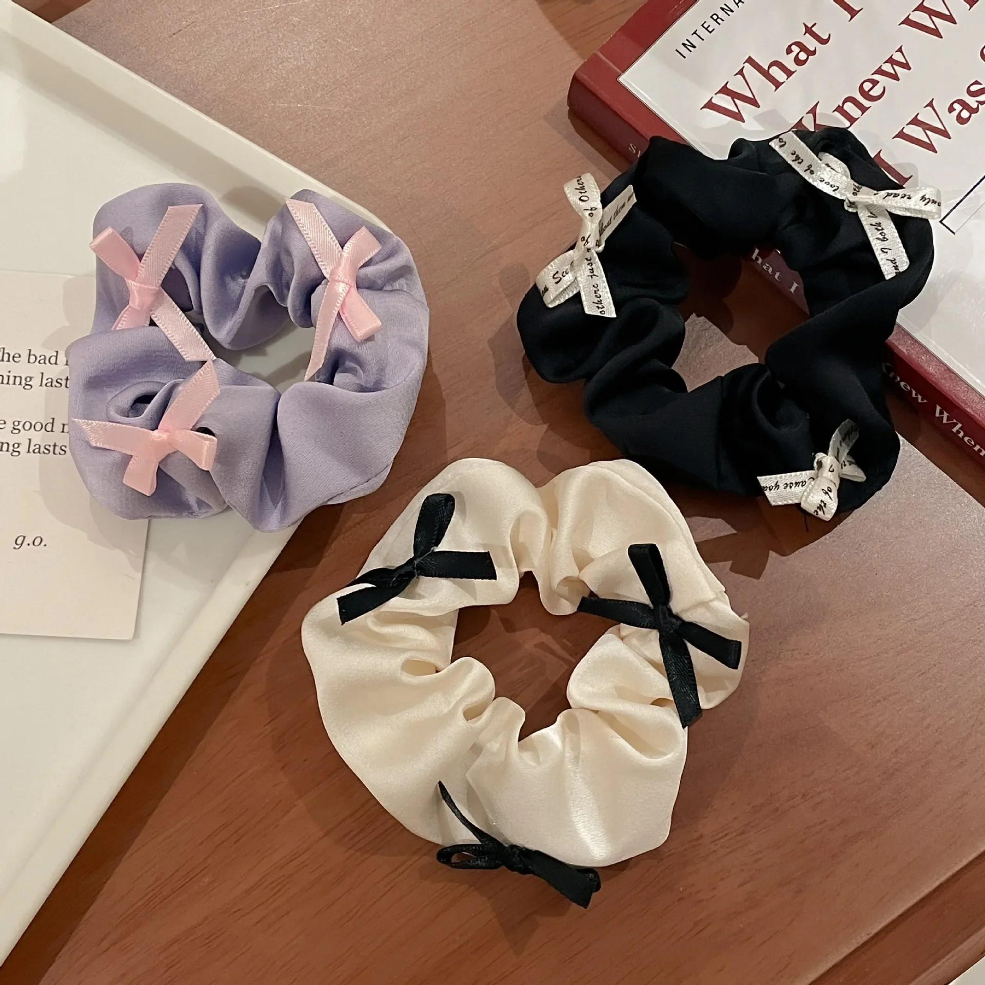 Sweet Korean-style Bow Hair Elegant Black-and-white Department Ruffle Cloth Art Super Fairy Satin Large Intestine Hair Rings