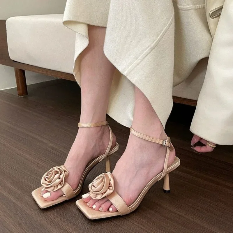 

New Elegant Women's Sandals High Heels Sweet Rose Open Toe Shoes 2024 Summer Open Heel Pointed Toe Fashion Dress Women's Shoes