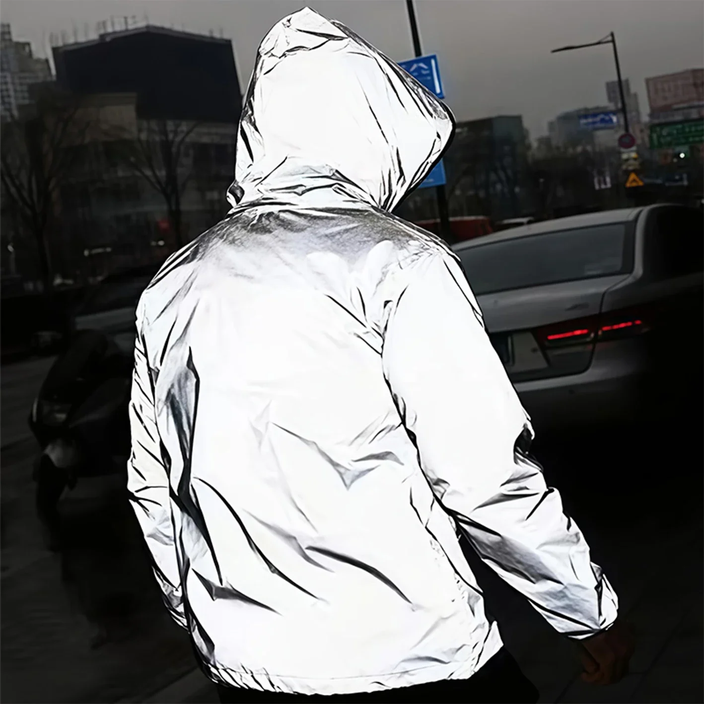 Reflektierende Herrenjacke mit durchgehendem Reißverschluss, Freizeitmantel, Frühling, Herbst, mit Polyester gefütterte Oberbekleidung, leicht, winddicht, Sicherheitsarbeitskleidung für den Außenbereich – Detail 4