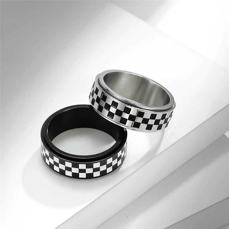 Match Flag Go Black White Square Checkered Rotatable High Quelity Fine Stainless Steel Male Female Ring Polished JZ608