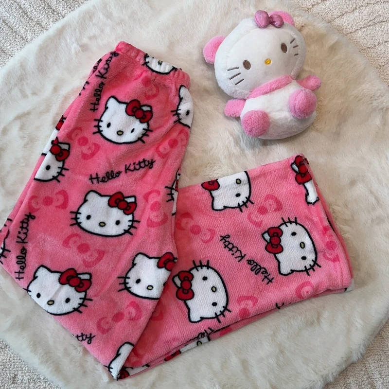 Sanrioes Hello Kitty Kuromi Flannel Pajamas Pants Female Winter Fleece Casual Homewear Pants Leisure Wear Girl Chirstmas Gift