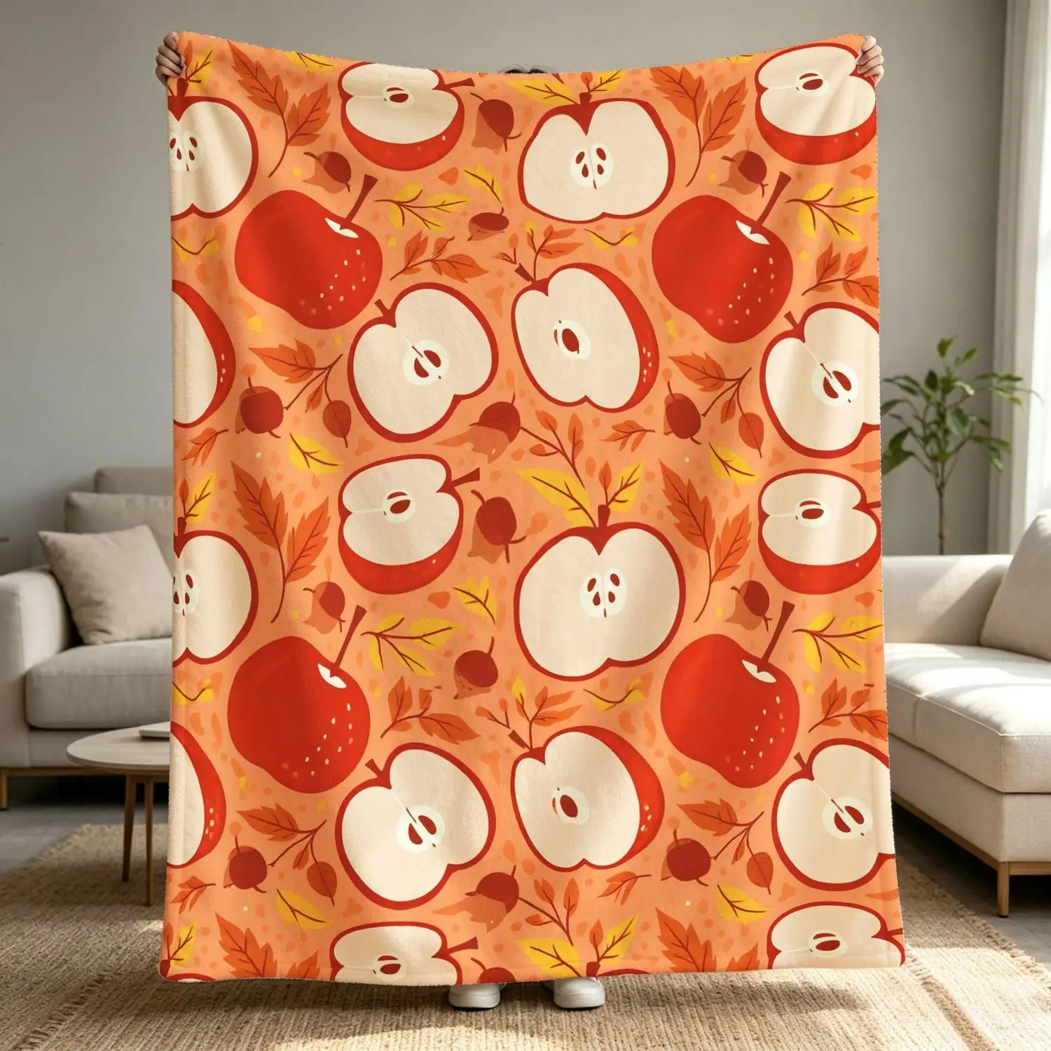 [Flannel Blanket] Autumn Apple Pattern Blanket, Embellished with Fallen Leaves, Warm Rustic Farmhouse Style Thanksgiving Gift, Bedroom Decoration