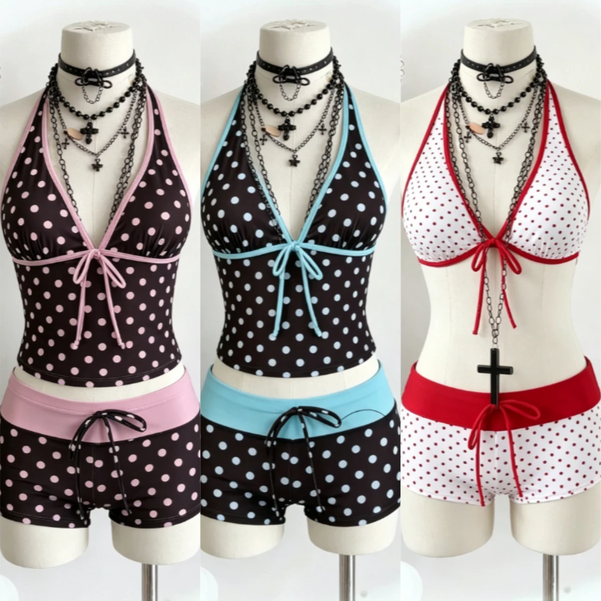 Summer Women Two Piece Polka Dot Bikini Beach Halter V Neck Tie Waist Bodycon Pool Holiday Bathing Swimwear Outfit Suit