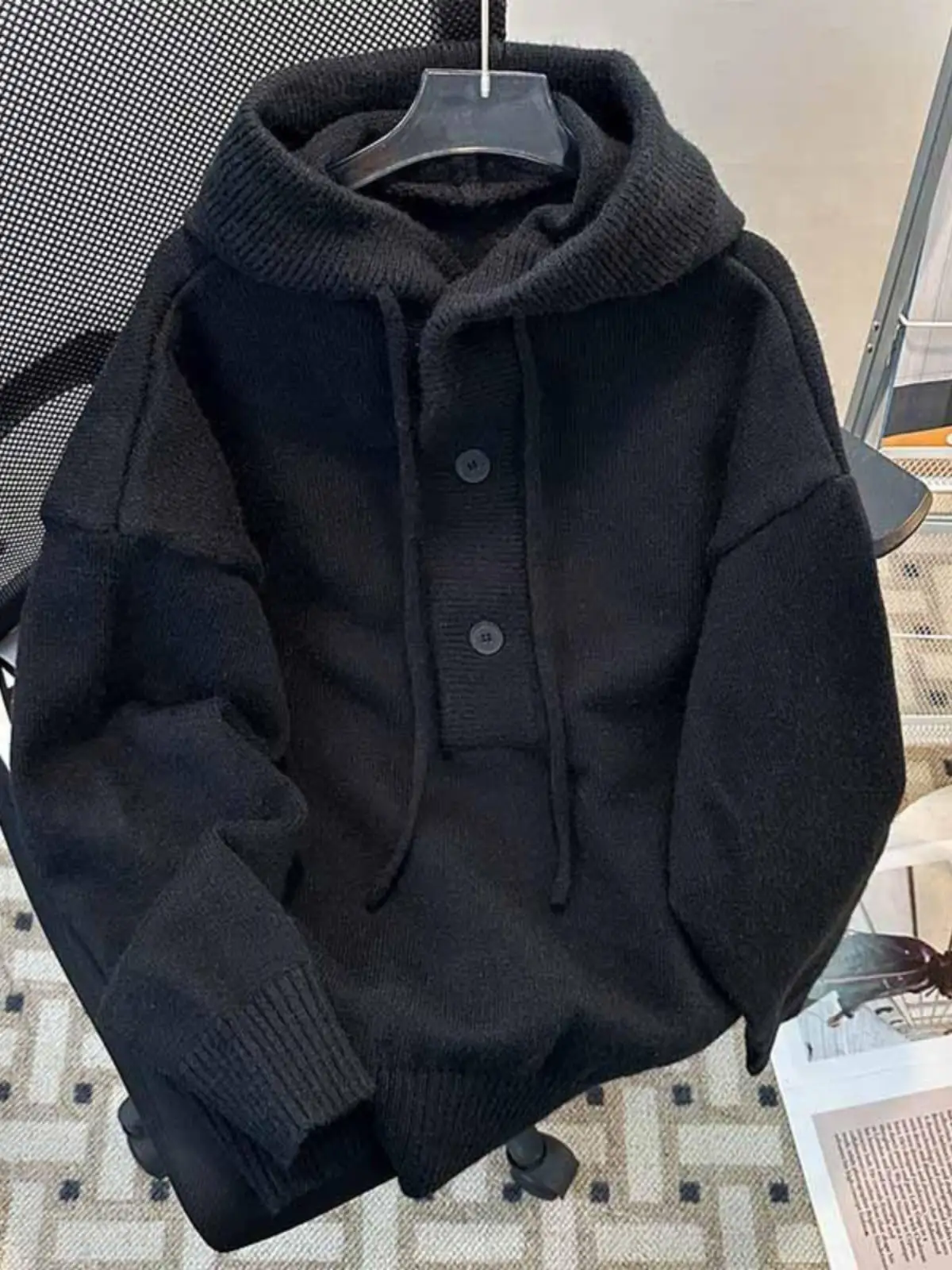 

Осенне-зимняя утепленная вязаная куртка с капюшоном для мужчин и молодежи, свободная, теплая, модная, с длинными рукавами, на пуговицах, повседневная одежда