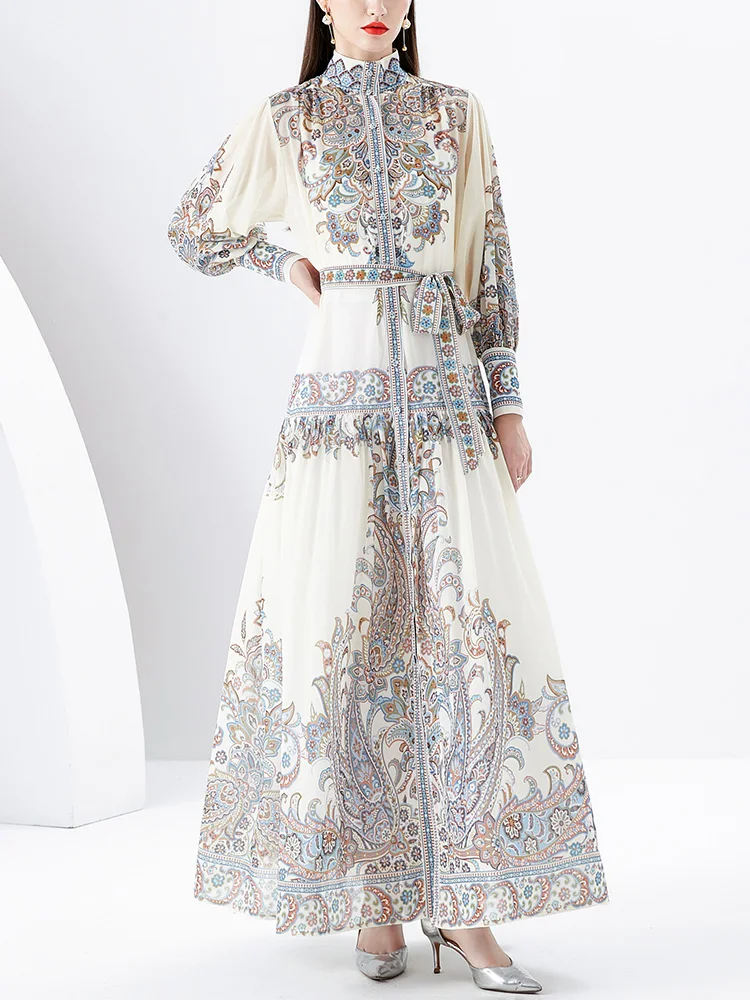 Long Dresses For Women 2024 Stand Collar Long Sleeve Elegant Maxi Dress Holiday Vintage Paisley Print Bohemian Dress With Belt