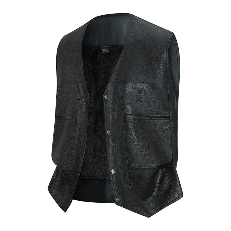Men Leather Vest Autumn Winter Simple Solid Color Round Neck Male Waistcoat Single-breasted Sleeveless Man Plush Coat