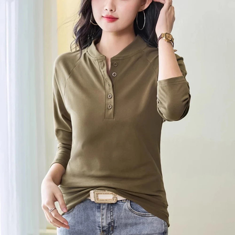 Korean version pure cotton long sleeved T-shirt for women's autumn new high-end fashion plus size casual stand up collar top