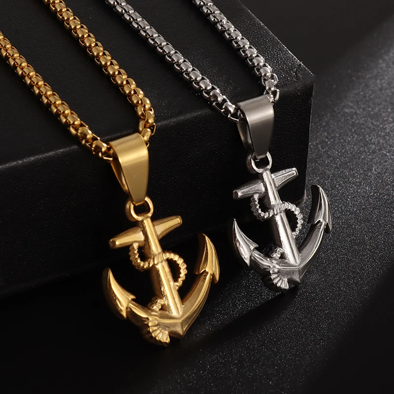 Mens Stainless Steel Nautical Anchor Necklace Vintage Navy Mooring Rope Anchor Pendant with 24 Inch Chain