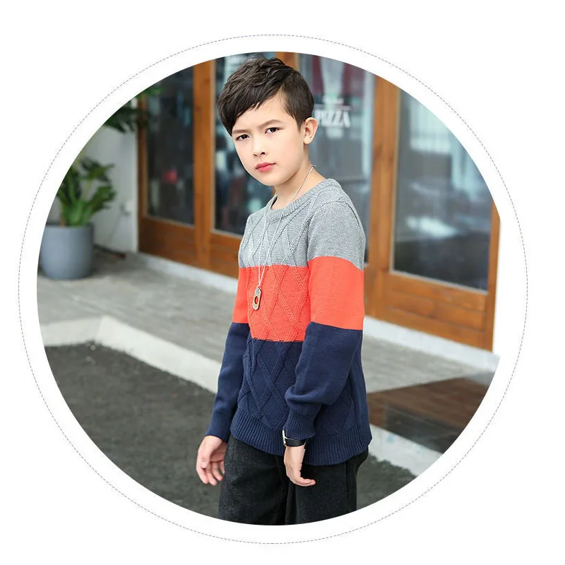 New Autumn Winter Boys Sweater Stripe Splicing Jacquard Round Neck Bottoming Shirt For 2-8 Years Old Kids Knitted Sweater