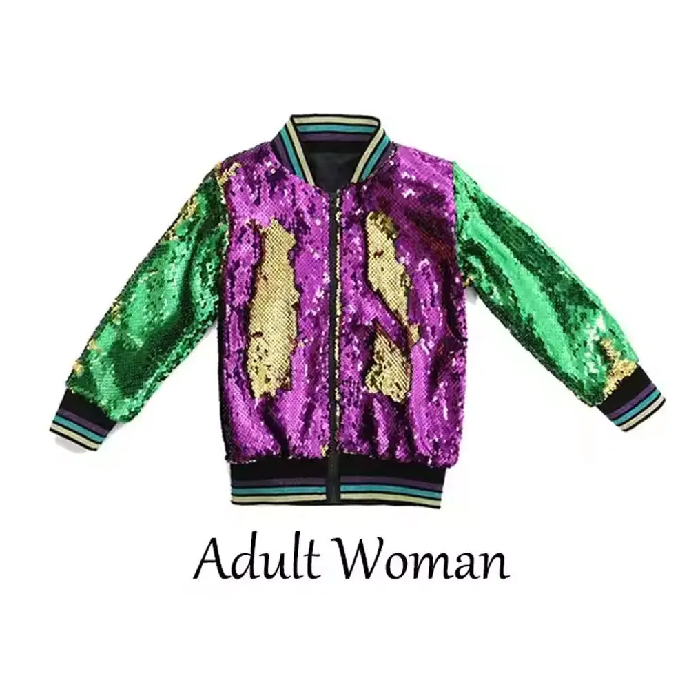 2025 Mardi Gras Women Jacket Long Sleeve Zipper Coats Fashion Girls Carnival Outerwear Reversible Sequin Purple Green Jackets