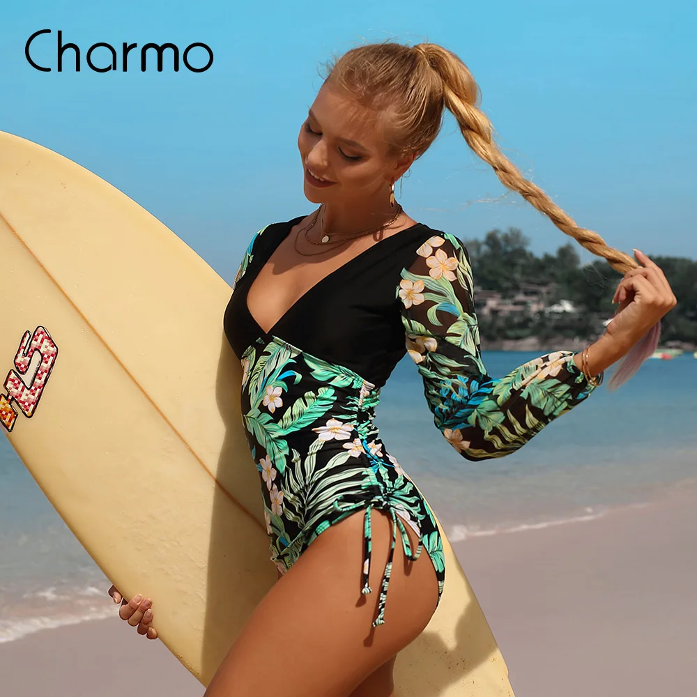 Charmo Womens One Piece Rushguard Swimsuit V Neck Swimsuit Long Sleeve Surfing Bandage Monokini Bathing Suit