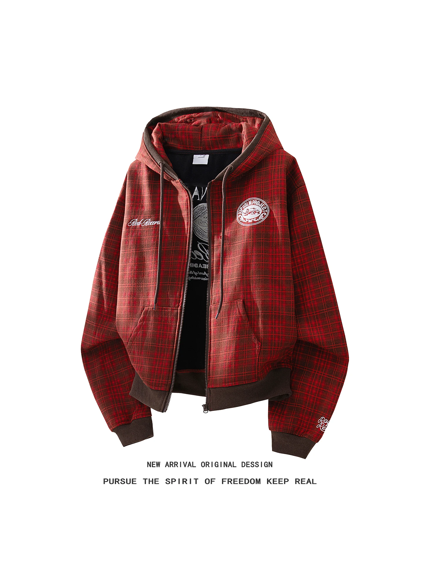 Red Plaid Hoodie Men's Spring Autumn Loose Fit Zipper Casual Sweatshirt Fashion Urban Style Long Sleeve Youth Fashion
