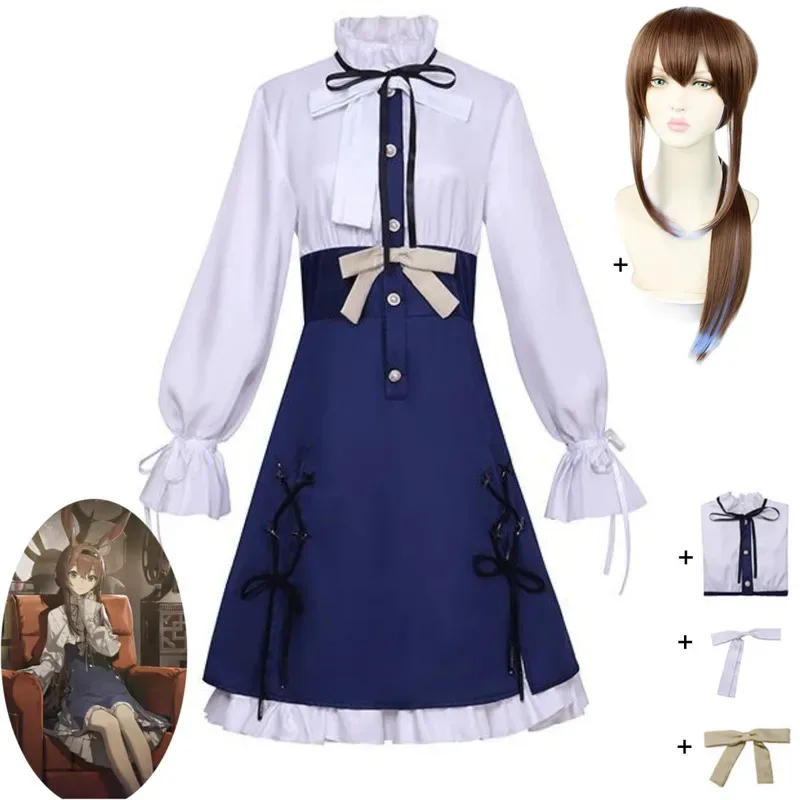 Anime Game Arknights Amiya Cosplay Costume White Shirt Dress Wig Hair Hoop Ears Adult Woman Cute Christmas Halloween Suits;2k,j'