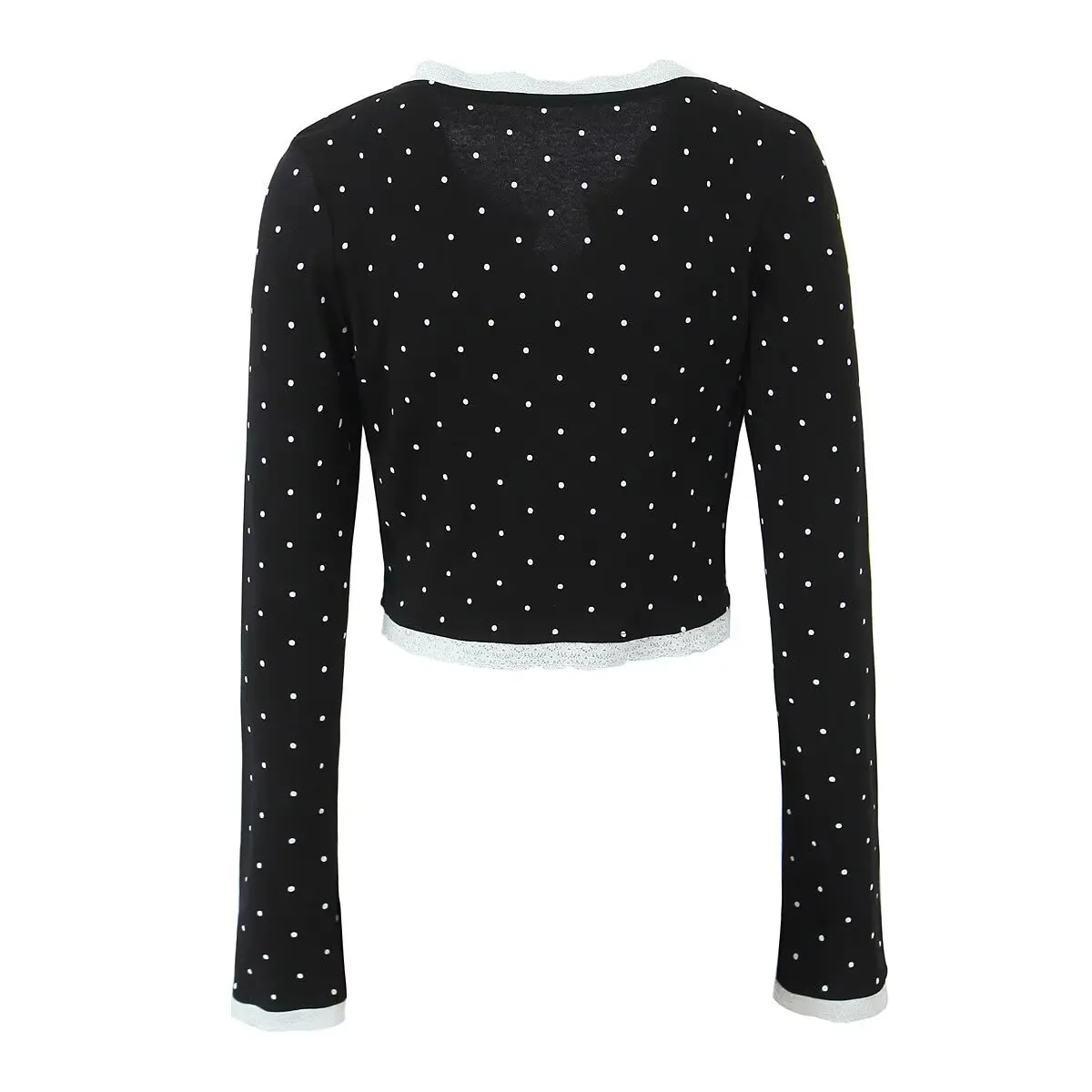 2024 American Retro Polka Dot Print Open Buttons T-shirt + Lace Slash Collar Camis Crop Top T-shirt Set Navy Black