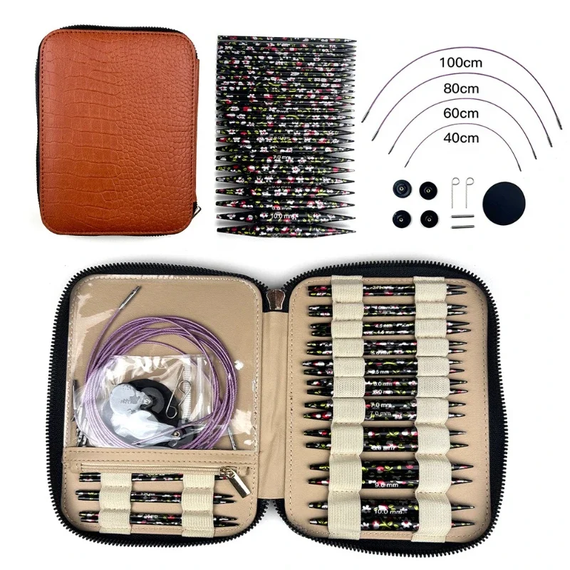 Alumina Printed Removable Ring Needle, Sweater Knitting 13 Pair Brown PU Pack Knitting Tool