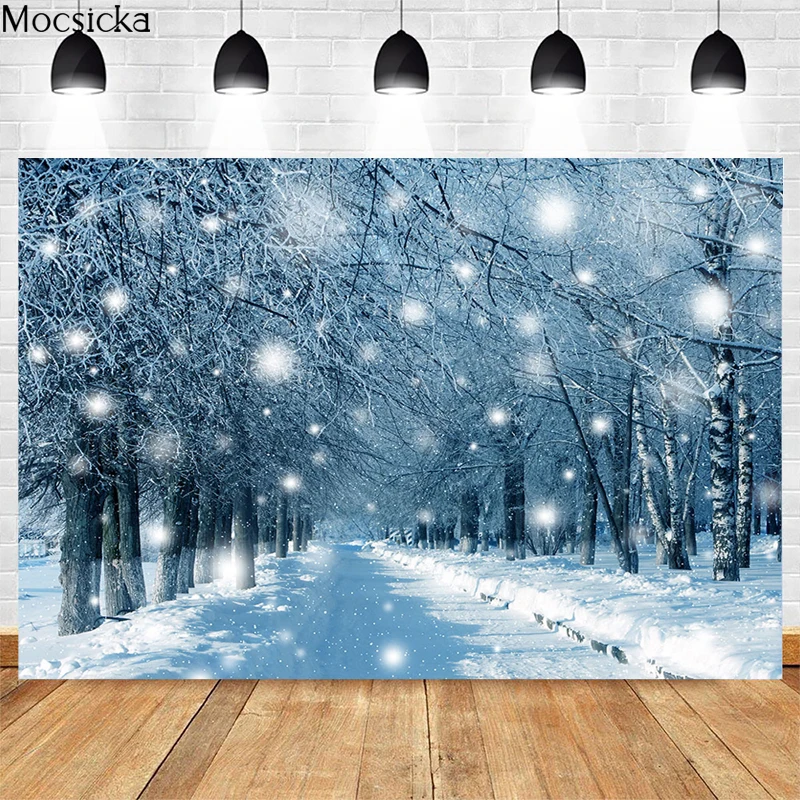 Mocsicka inverno floresta fotografia fundo recém-nascido retrato branco neve árvore de natal animal festa de aniversário decoração