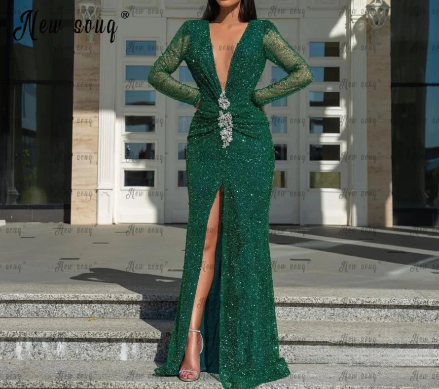 Plus Size Profundo Decote Em V Frente Fenda Vestido De Noite Luxo Beading Verde Esmeralda Lantejoulas Festa De Casamento Vestidos Longo Sereia Árabe