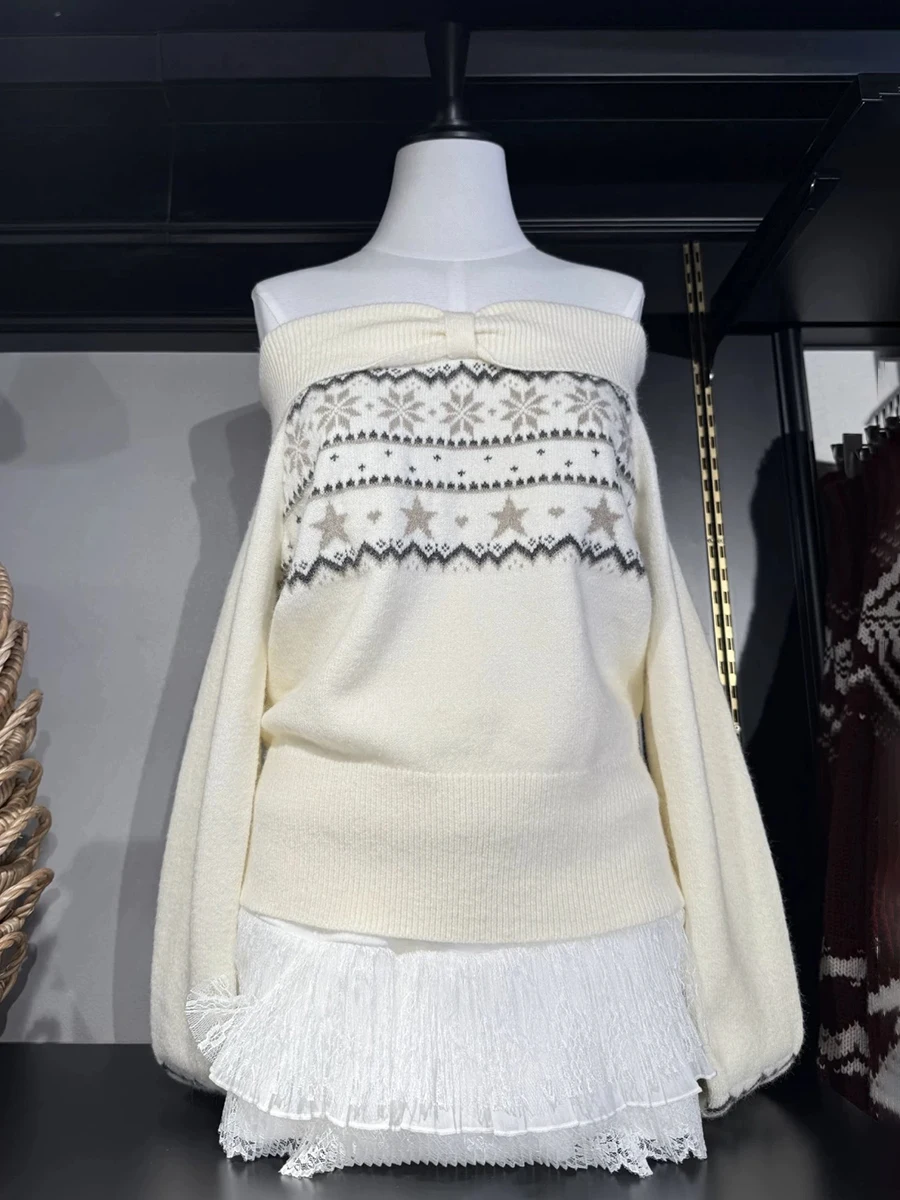 

Geometric Jacquard Knitted Sweater Spring Sexy Bow Slash Neck Long Sleeve Knitwear Tops Women Fashion Streetwear Casual Jumpers