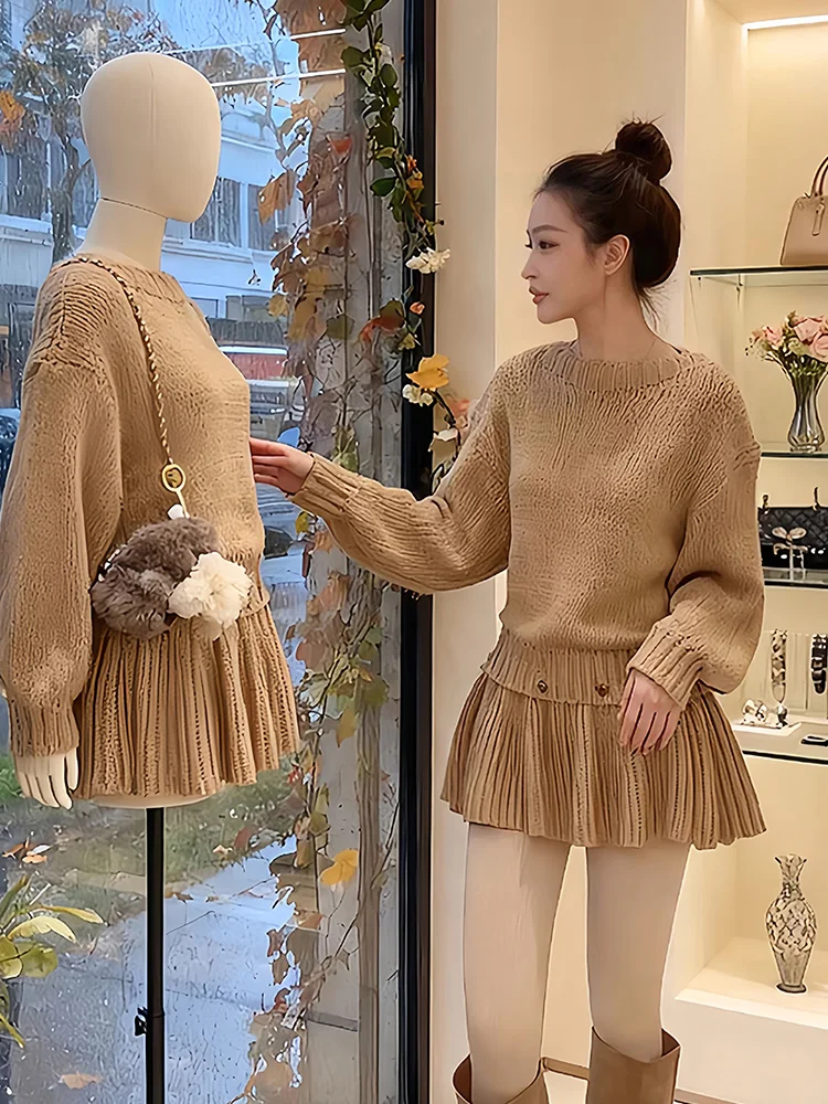 

Осенне-зимний женский трикотажный комплект с юбкой, съемный повседневный комплект с высокой талией, круглый комплект Ne Long Sve Faion